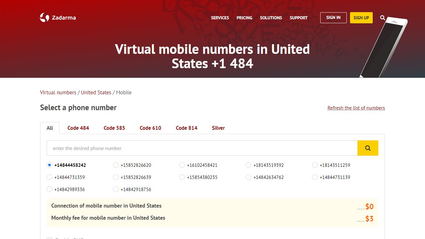 Mobile phone numbers in United States +1 484 - Zadarma.com
